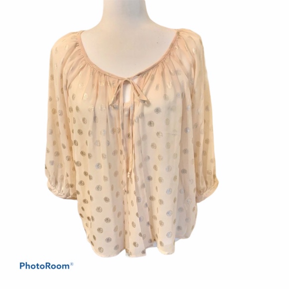 Ezra Sheer Blouse Cream with Silver Metallic Circle Design Sz S